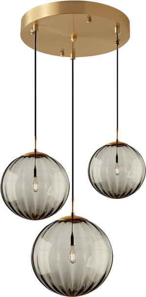 Kco Lighting Modern Gold 3 Light Hanging Pendant Light Large Smoke Glass Globe Cluster Chandelier Brush Brass Kitchen Island Light Fixture Nordic Multi Light Pendant Lighting