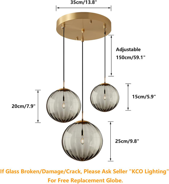 Kco Lighting Modern Gold 3 Light Hanging Pendant Light Large Smoke Glass Globe Cluster Chandelier Brush Brass Kitchen Island Light Fixture Nordic Multi Light Pendant Lighting