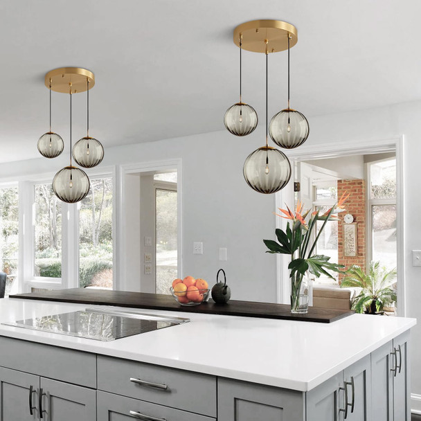 Kco Lighting Modern Gold 3 Light Hanging Pendant Light Large Smoke Glass Globe Cluster Chandelier Brush Brass Kitchen Island Light Fixture Nordic Multi Light Pendant Lighting