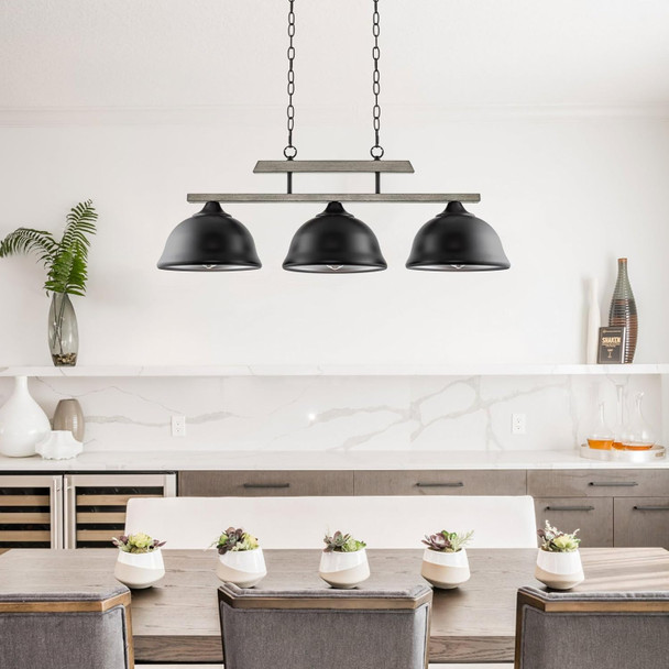 Kira Home Kenley 35" 3-Light Modern Farmhouse Island Light + Large Dome Shades, Adjustable Hanging Height, Gray Oak Wood Style + Black Finish