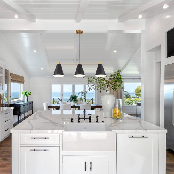 Lanros Vintage 3-Light Kitchen Island Pendant Lighting With Black Metal Shades 4 Cuts Adjustable Hanging Metal Rod Farmhouse Linear Chandelier For Dinning Room Matte Black & Vintage Brass