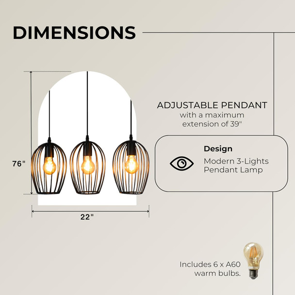 Lift Light Cage Black 3-Light Pendant: Modern Chandelier Perfect For Kitchen Island, Dining Room, Living Room – Innovative Black Design, Adjustable Pendant, Includes Warm Bulbs,