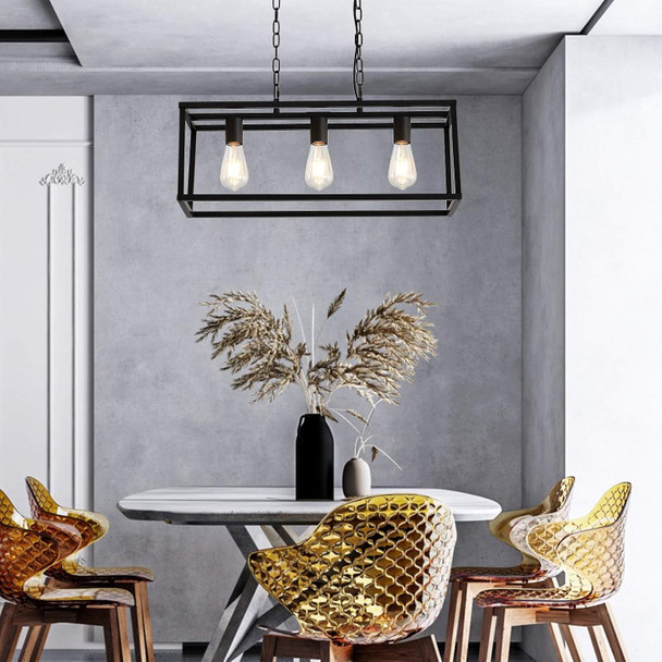 Modern Chandeliers Rectangle Black 3 Light Dining Room Lighting Fixtures Hanging,Kitchen Island Cage Linear Pendant Farmhouse Ceiling Light