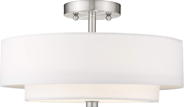 Livex Lighting 51044-91 Brushed Nickel Flush Mount With Off-White Fabric Hardback Shade