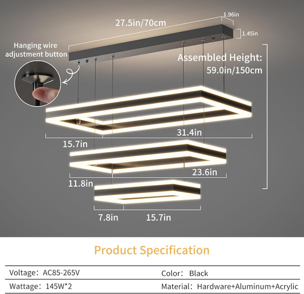 Modern Led Rectangular 3 Tier Pendant Light, Dimmable 3000K-6000K Hanging Dining Room Pendant Light, Square Chandelier For Living Room, Dining Room, Kitchen, Bedroom