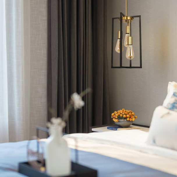 Modern Industrial Farmhouse Pendant Lighting, Rectangle Black & Brass Chandelier, Hanging Light For Kitchen Island, Dining Room, Entryway, Hallway (3-Light)