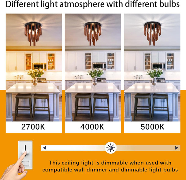 Farmhouse Flush Mount Ceiling Light Fixture, Rustic 3-Light Wood Strip Close To Ceiling Lights,Retro Vintage Red Oak And Black Kitchen Ceiling Lighting For Hallway Bedroom Entryway Living Dining Room