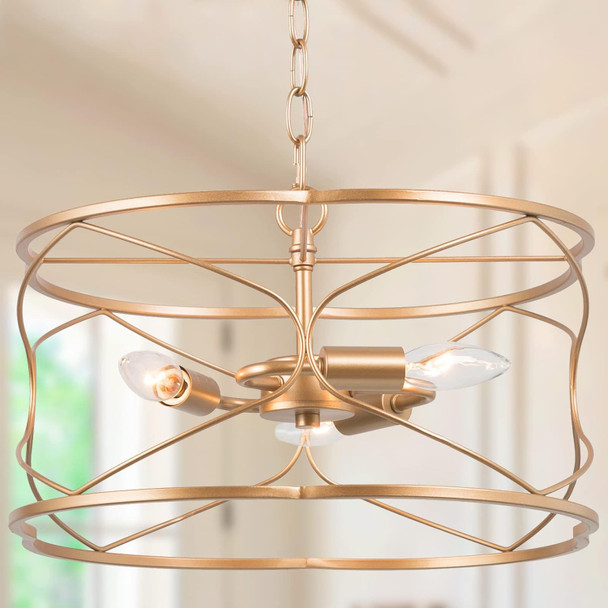 Optimant Lighting Gold Chandelier, 3-Light Drum Chandelier Light Fixture, Modern Foyer Hanging Pendant Light For Kitchen Island, Entryway, Dining Room & Living Room, 15.5’’ L X 15.5’’ W X 9.5’’ H