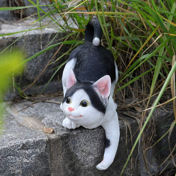 Garden Statue Kitten Fishing For Water Sleeping Black And White Cat Figurines Gate Lawn Yard Ornament Sculpture