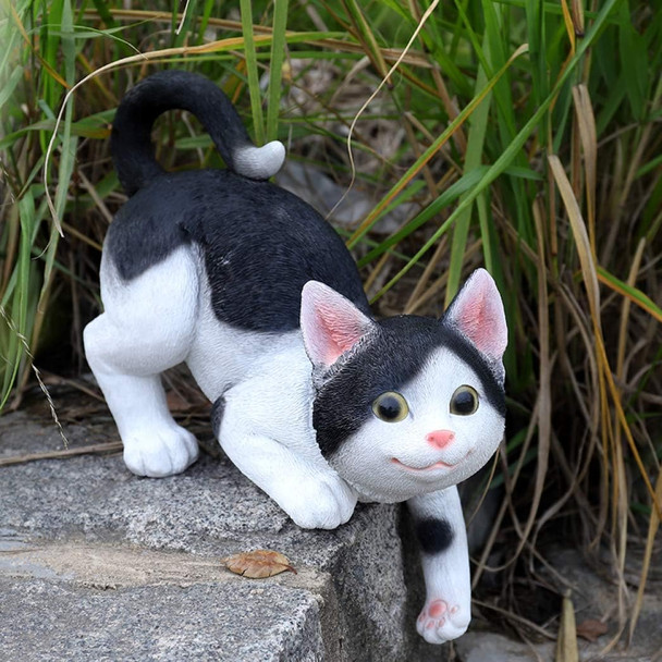 Garden Statue Kitten Fishing For Water Sleeping Black And White Cat Figurines Gate Lawn Yard Ornament Sculpture