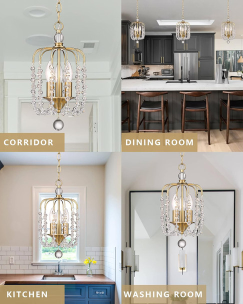 Modern Gold Pendant Light, K9 Crystal Metal Hanging Pendant Lighting For Kitchen Island Dining Room Bathroom Bar, Dd009-3-G