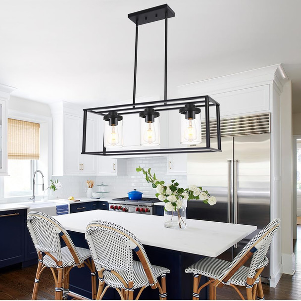 Black Pendant Lights Kitchen Island,3 Lights Farmhouse Linear Chandeliers With Clear Glass Shades Dining Room Lighting Fixtures Ceiling Hanging For Living Room Bedroom Entryway Foyer