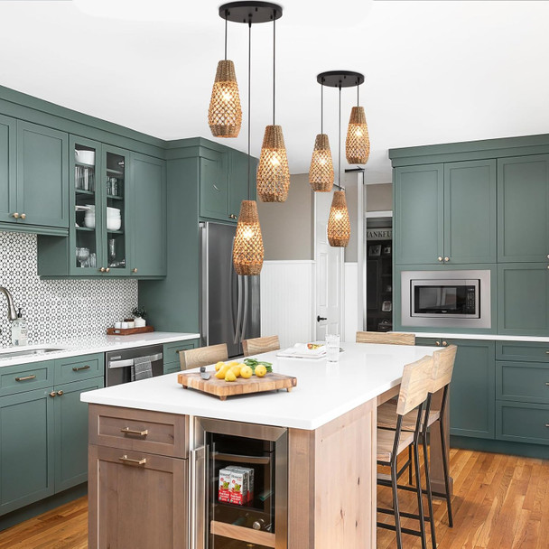 3-Light Rattan Pendant Light,Rustic Hand-Woven Water Plants Rattan Chandelier For Dining Living Bedroom Kitchen Farmhouse