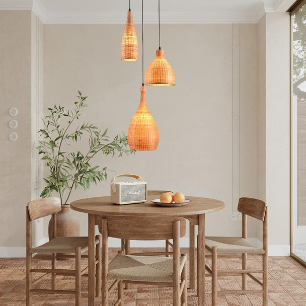 Hand Woven Bamboo Pendant Light,3-Light Bamboo Rattan Ceiling Hanging Light,For Living Room Kitchen Dining Room Farmhouse