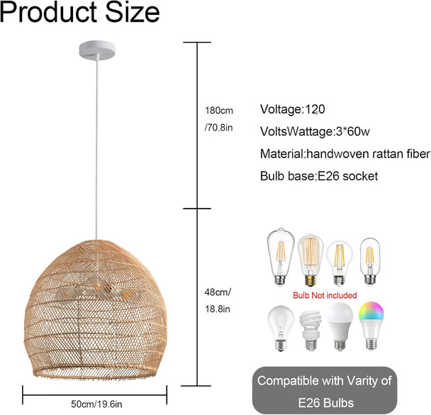 3-Light Rattan Pendant Light,Hand-Woven19.7" Rattan Hanging Light,For Kitchen Island Restaurant Craft Room Farmhous