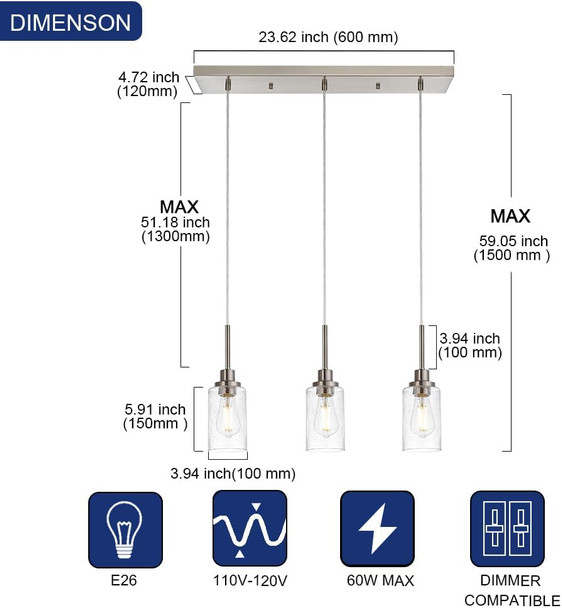 Industrial Pendant Lighting, 3-Lights Adjustable Height Hanging Light Fixtures With Seeded Glass Shade, Brushed Nickel Kitchen Island Ceiling Light For Living Room Foyer