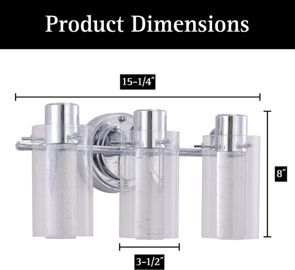 Bubble Glass Integrated Led Vanity Light - Wall Mounted, Triac Dimmable 12W, 3000K Bathroom Sconce - Energy Efficient Modern Bathroom Light Fixture (3-Light, Chrome Finish)