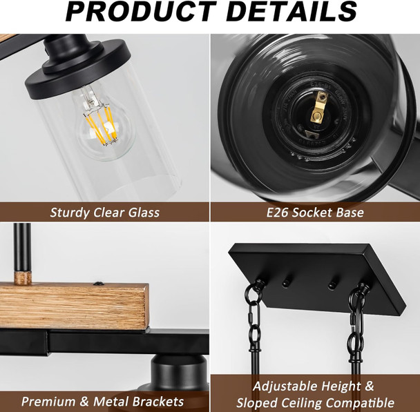 5-Light Kitchen Island Lighting, Farmhouse Dining Room Chandelier Over Table, Modern Pendant Light Fixture With Adjustable Height, Large Black Ceiling Light For Dining Table Sloped Ceiling Compatible