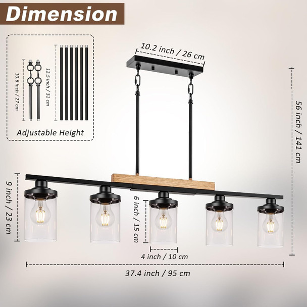 5-Light Kitchen Island Lighting, Farmhouse Dining Room Chandelier Over Table, Modern Pendant Light Fixture With Adjustable Height, Large Black Ceiling Light For Dining Table Sloped Ceiling Compatible