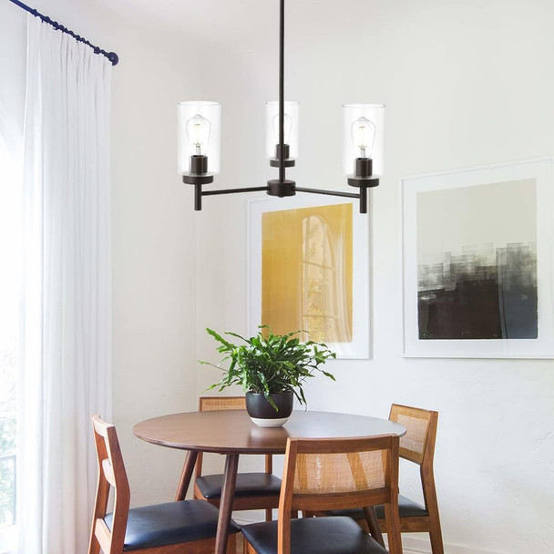 Vinluz Contemporary 3-Light Chandeliers Rustic Clear Glass Shades Pendant Lighting Oil Rubber Bronze Dining Room Lighting Fixtures Hanging Adjustable Wire Semi Flush Ceiling Lights