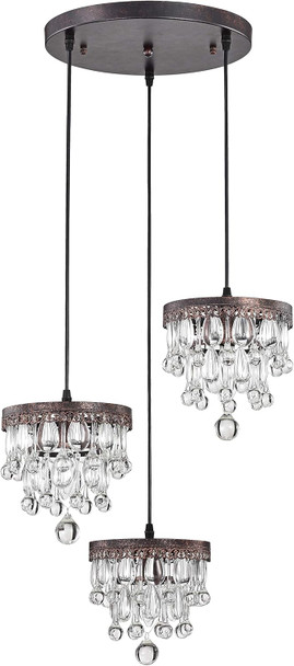 Warehouse Of Tiffany Imp89F/3Ac Minah Antique Copper 3 Cluster Cylinder Light With 5-Tier Hanging Crystals Pendant, Brown