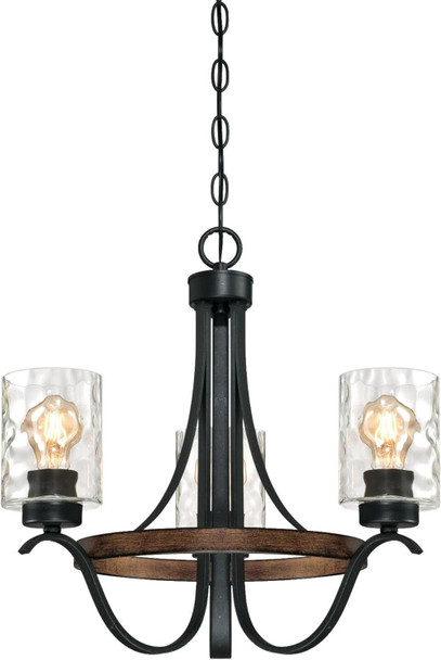 Westinghouse 6331800 Barnwell Three-Light Indoor Chandelier, Textured Iron And Barnwood Finish With Clear Hammered Glass, 3