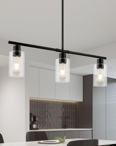 3 Lights Kitchen Island Lighting, Black Pendant Light Fixtures With Glass Shade Dining Room Light Fixture Adjustable Farmhouse Chandelier Modern Pendant Lights Ceiling Hanging Lighting E26 Base