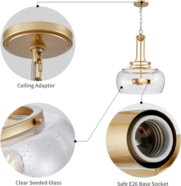 Wuzups Chandelier Rustic Farmhouse Industrial Round Ceiling Pendant Led Light Fixture Clear Seeded Glass Shade For Dining Room Kitchen Island Foyer Entryway, H 20.9" X W 15.9", Gold