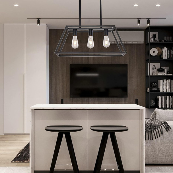 Contemporary 3-Light Black Kitchen Dining Room Chandelier Light Fixture, Rustic Pendant For Island Table, Dimmable, Ul Listed, Easy Install, E26 Base, Metal, Indoor, Ceiling Mount