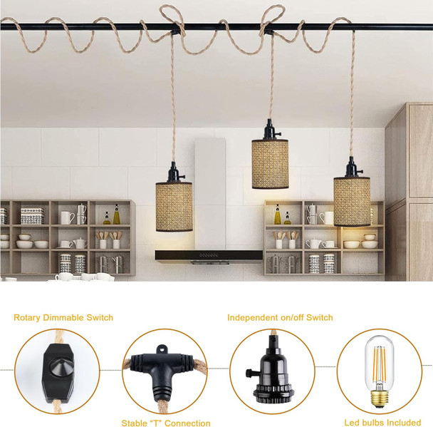Xininsun 3 Light Plug In Pendant Lights, Hanging Light Fixtures With With Plug In Cord, Dimmable Switch, Rattan Wicker Woven Lampshade, Farmhouse Plug In Ceiling Light For Bedroom Living Room