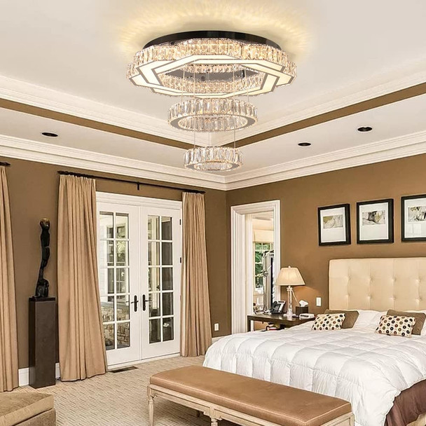 22.5" Crystal Chandeliers Modern Living Room Chandelier Led Crystal Ceiling Light 2 Rings Pendant Light Flush Mount Chandelier For Bedroom Dining Room Entryway (Warm)