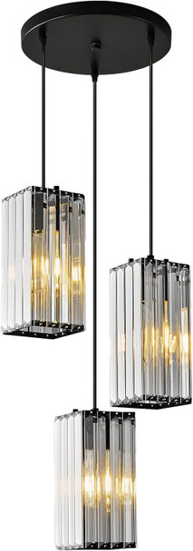 Modern Pendant Light Black Rectangle Pendant Lighting Mini Crystal Chandeliers Adjustable Pendant Light Fixture For Kitchen Island Dinning Room Living Room Corridor Bedroom(Black 3-Light)