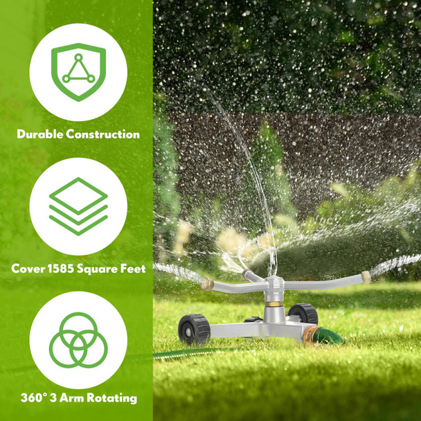 Tiangrid Metal Rotary Lawn Sprinkler 3 Arm Heavy Duty 360 Degree Automatic Revolving Whirling Water Sprinkler with Wheeled Base for Lawn Yard Garden Backyard  Cover up to 538 sq ft(Gray  2 Pieces)