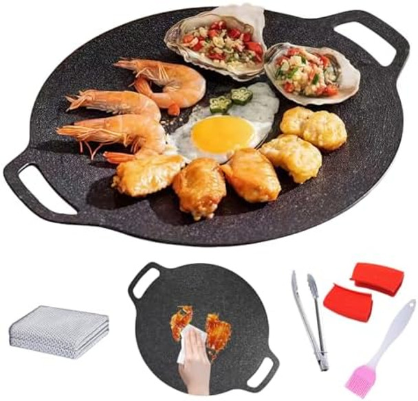 Korean Grill Pan With Nonstick 6-Layer Coating Abnaok 13" Round Bbq Griddle With 2Pcs Steel Wire Cleaning Cloth Compatible For Induction Gas Stove Electric Cooktop Indoor Or Outdoor Grilling