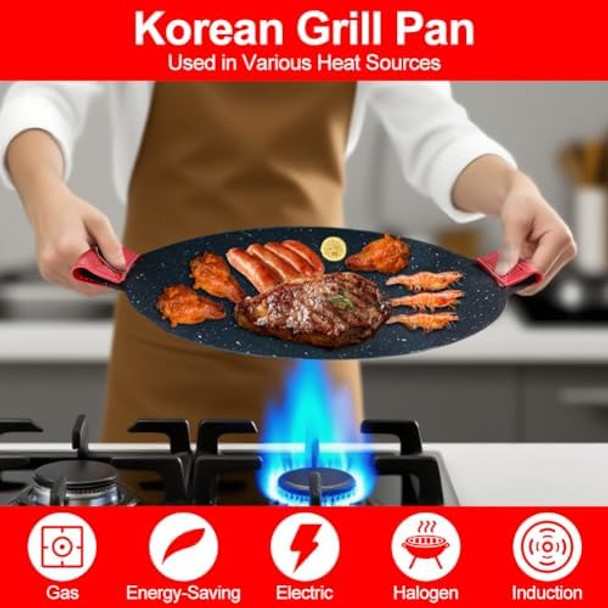 Korean Grill Pan With Nonstick 6-Layer Coating Abnaok 13" Round Bbq Griddle With 2Pcs Steel Wire Cleaning Cloth Compatible For Induction Gas Stove Electric Cooktop Indoor Or Outdoor Grilling