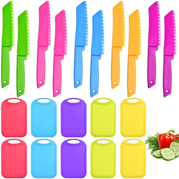 20 Pcs Kids Knife Set With Cutting Board Plastic Child Safe Knives For Real Cooking Serrated Edges Toddler Knife Children Chopping Board Kid Cutting Utensils For Fruit Bread Lettuce