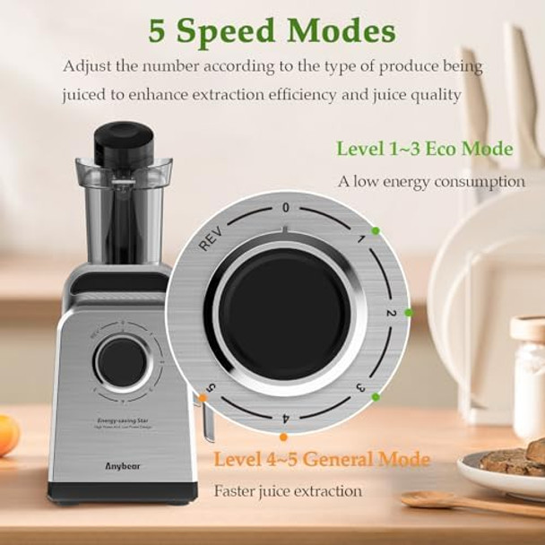 Masticating Juicer Machines 3.5" Large Feed Chute Cold Press Juicer Fit Whole Fruits Vegetables With Quiet Motor 5 Speed Modes Easy To Clean With Brush (Space Gray)