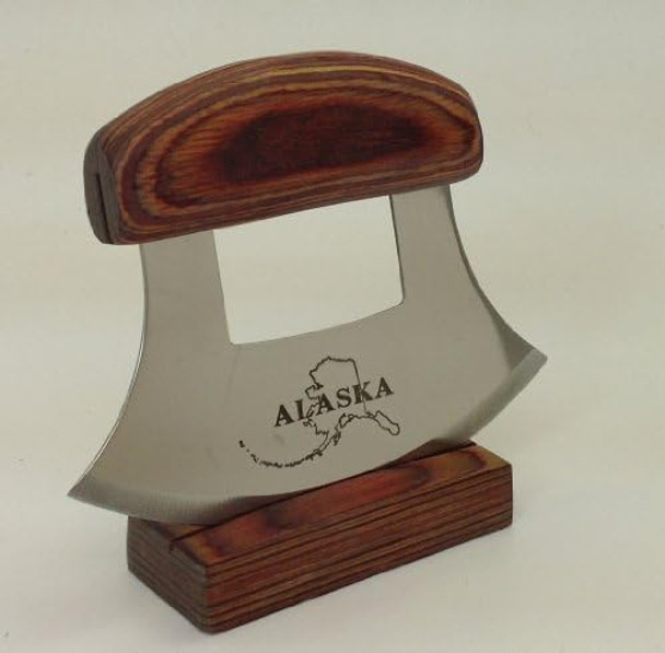 Alaska Ulu Knife Natural Exotic Wood Stand Etched Blade