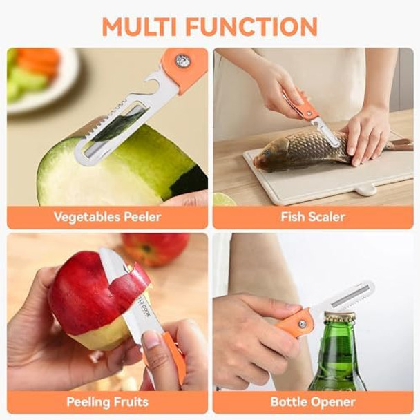 Travel Pocket Paring Knife Fruit Knife Peeling Vegetable Peeler Folding Foldable Multi Function Small Portable Bottle Opener For Kitchen Traveling Camping Outdoor Stainless Steel Plastic 2 Blade