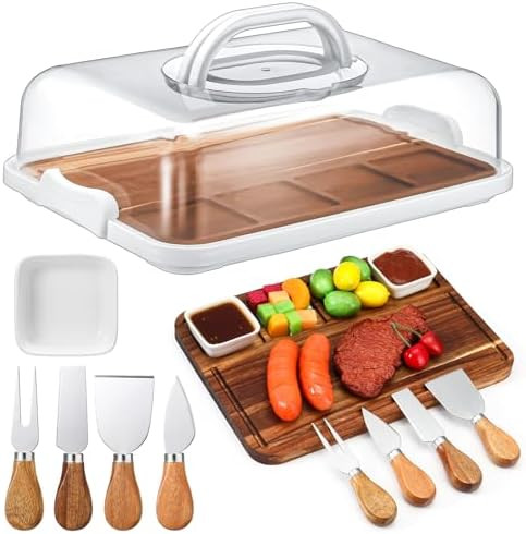 Baderke Wood Charcuterie Board With Lid Set 12 X 8.5 Inch Cutting Board With Clear Cover Stainless Steel Cheese Knife Set Bowls Wood Serving Board For Snacks Dessert Fruit Meats (Bamboo)