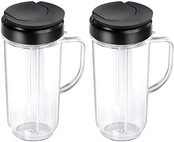 22 Oz Tall Mug Cup With Flip Top To-Go Lid - Replacement Part With Handle For 250W Blender Juicer - Replacement For Magic-Bullet Blender Mb1001 - Pack Of 2