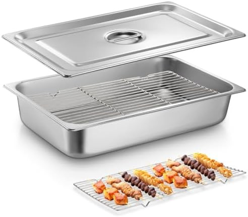 Blulu 3 Pack Stainless Steel Steam Roasting Pan Table Pan Set With Rack Lid(Tray) Healthy Full Size Food Container With Mini Cooling Grid Rack Supplies For Restaurant Bbq Turkey Buffet Party