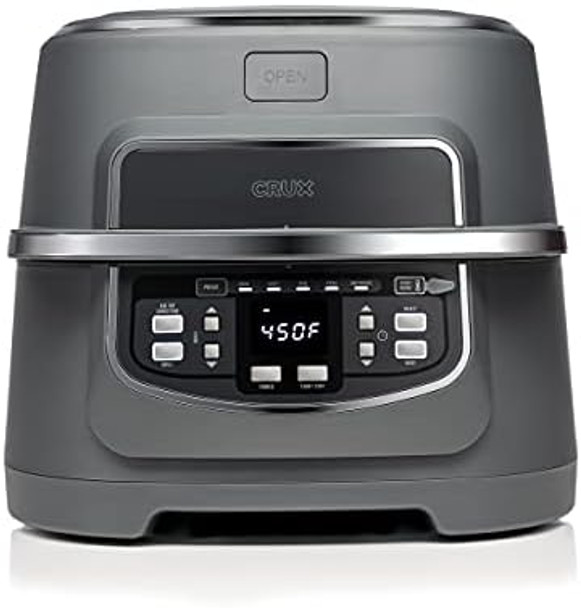 Crux Smokeless Indoor Grill And Digital Air Fryer Oven Combo With Adjustable Temperature And 5 Preset Functions Large 12" X 12" Grate And 5.8 Qt Basket Matte Gray