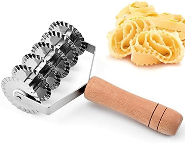 Pastry Wheel Stainless Steel Lattice Roller Cutter With Wood Handle Dough Noodle Cookie Pie Dessert Pizza Bread Pastry Crust Roller Cutter Knife Slicer 6-Wheel Kitchen Tool