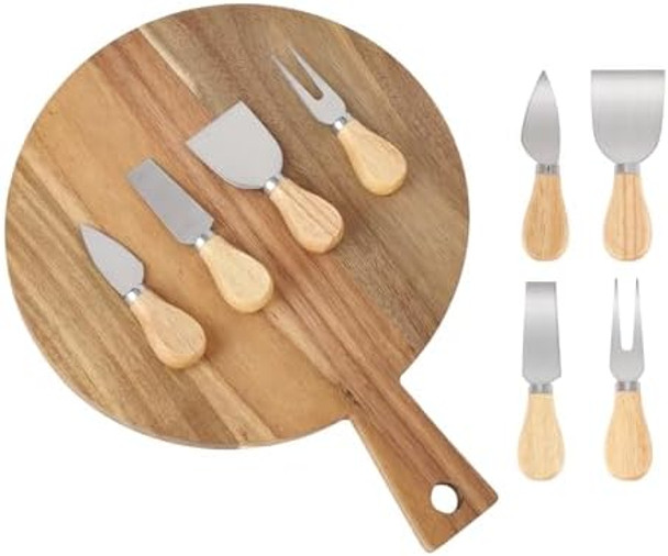 5 Pcs Round Charcuterie Board And Knife Set - 16 Inch Wooden Cheese Board With 4 Stainless Steel Cheese Knives Acacia Wood Food Cutting And Serving Boards For Home