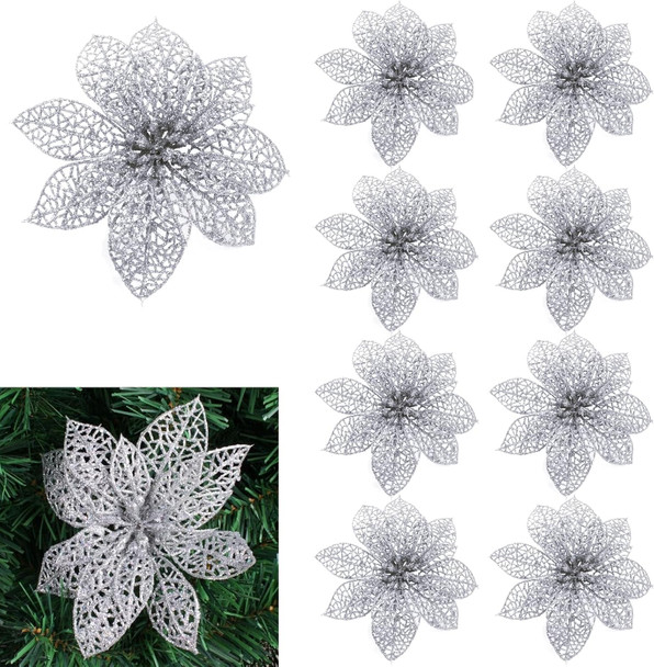 30 Pack Christmas Silver Glitter Poinsettia Flowers Picks Christmas Tree Ornaments 5.9" Wide for Silver Christmas Tree Wreaths Garland Holiday Seasonal Wedding Decorations