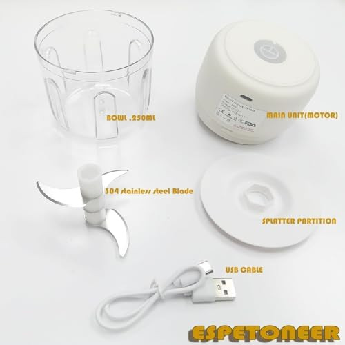 Electric Garlic Chopper Cordless Usb Chargeable Mini Food Processors 250Ml (White)