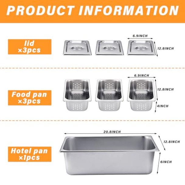 Ferraycle 7 Pack Hotel Pan Set Including 1 Full Size 6 Inch Stainless Steel Steam Pan 3 Pcs 1/3 Size 4 Inch Perforated Pans 3 Pcs 1/3 Lids Steam Table Tray Restaurant Kitchen Supplies Food Warmer