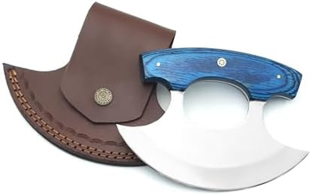 D2 Ulu Knife Pizza Cutter Rocker Knife Mezzaluna Knife With Sheath Rocker Boning Knife For Slicing Chopping Camping Outdoor Kitchen (Blue Pakka Wood Handle)
