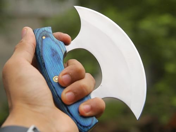 D2 Ulu Knife Pizza Cutter Rocker Knife Mezzaluna Knife With Sheath Rocker Boning Knife For Slicing Chopping Camping Outdoor Kitchen (Blue Pakka Wood Handle)